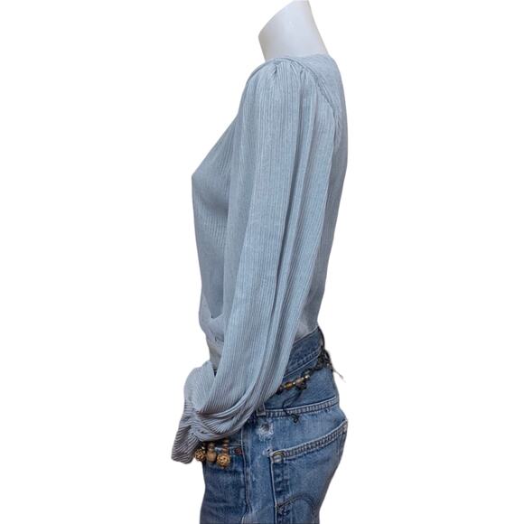 Tularosa Dusty Blue Wrap Top Bodysuit SMALL Pirate Sleeves Pleated Boho $158 NEW - Picture 5 of 7